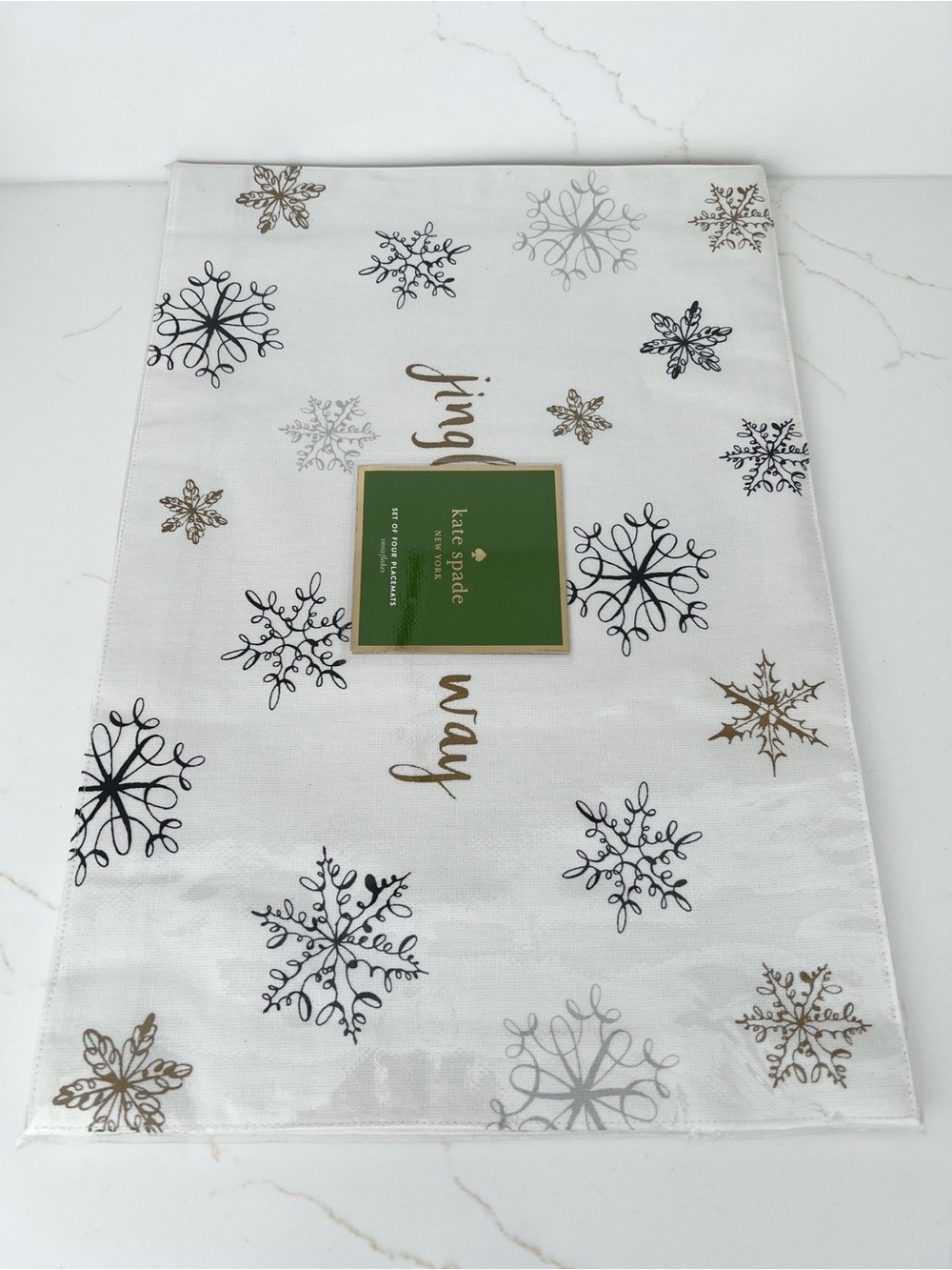 NWT kate spade White Placemats with Gold, Black & Silver Snowflakes (Set of 4)
